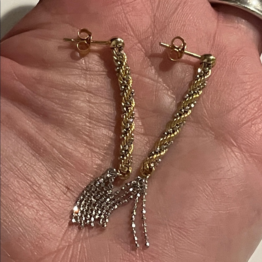 14K Yellow Gold + White Gold Twisted Rope Tassel Earrings, solid gold - Picture 12 of 17